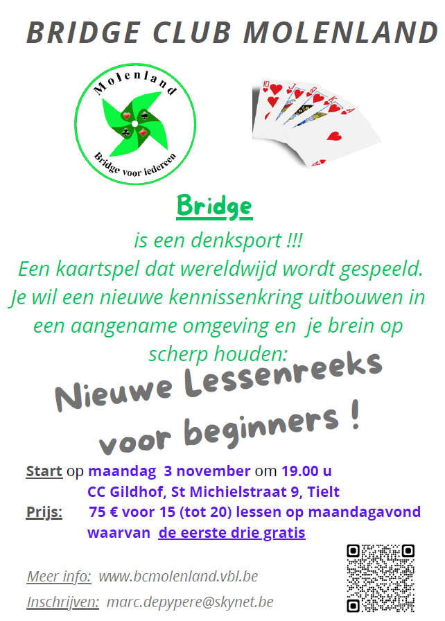 flyer BRIDGE CLUB MOLENLAND nieuwe lessenreek beginners 2025